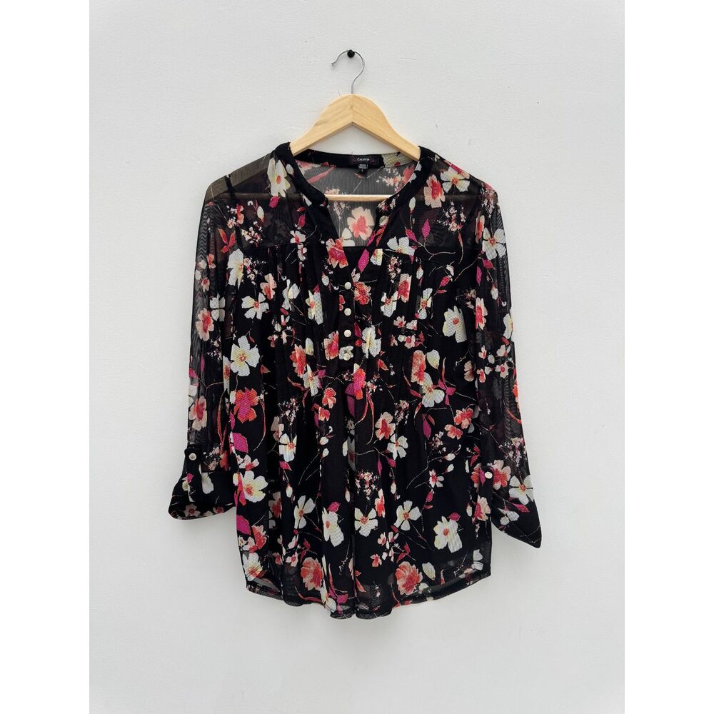 Cocomo Floral Mesh Blouse Black Pink Roll Tab Sleeve Henley Top Large L